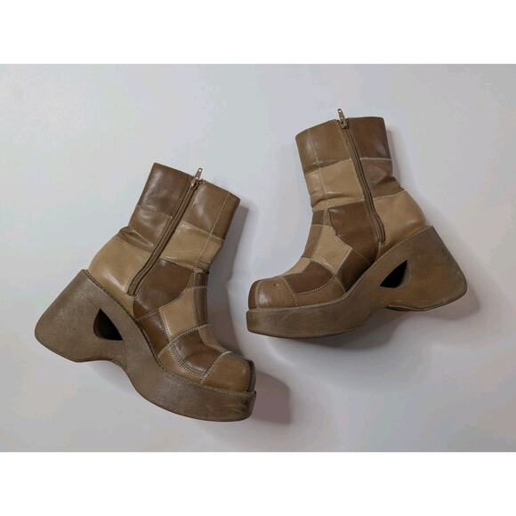 VTG 90s Y2K Patchwork Platform Chunky Tan Boots Women’s Full Zip Bakers - Picture 7 of 14